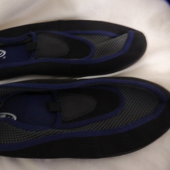 Blue, black and grey water shoes, medium, 9-10
